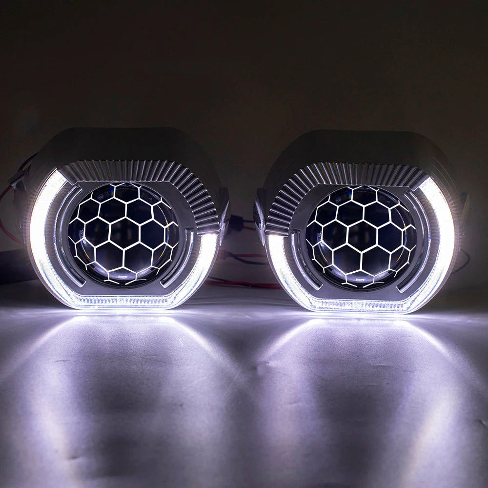 2.5 Inch Blue Coating Honeycomb Projector Lens DRL LED Angel Eyes Shrouds Fit H1 H4 H7 Car Headlamp Retrofit Accessories Styling