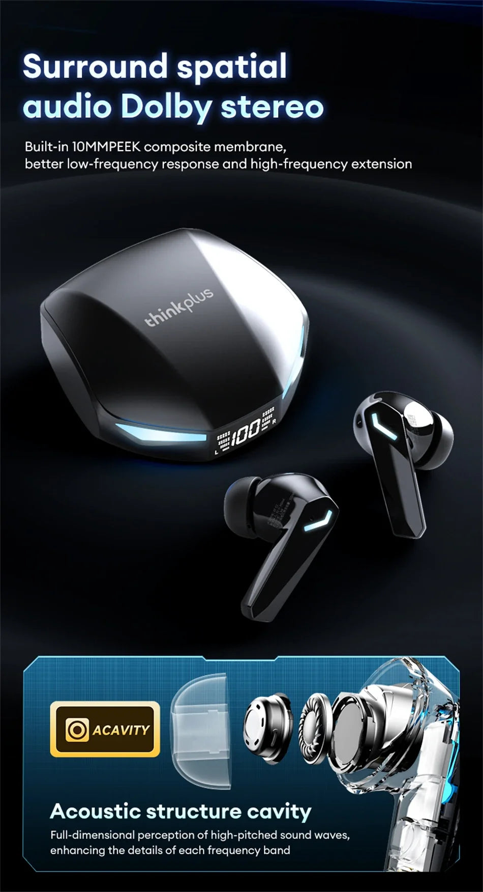 Lenovo XT53 Wireless Upgrade Bluetooth 5.4 Earphones Ultra Long Endurance Low Latency Gaming Headset LED Digital Display Earbuds