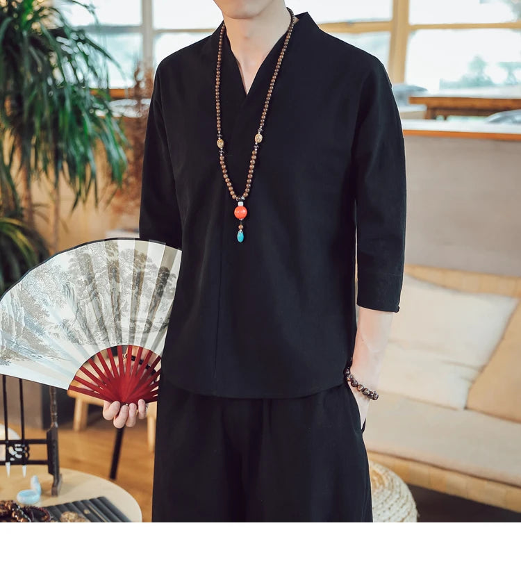 Summer Kimono Japanese Style Short Sleeve Men New Half-sleeved Cotton Linen Breathable Men Clothing T-shirt Japanese Yukata Tops