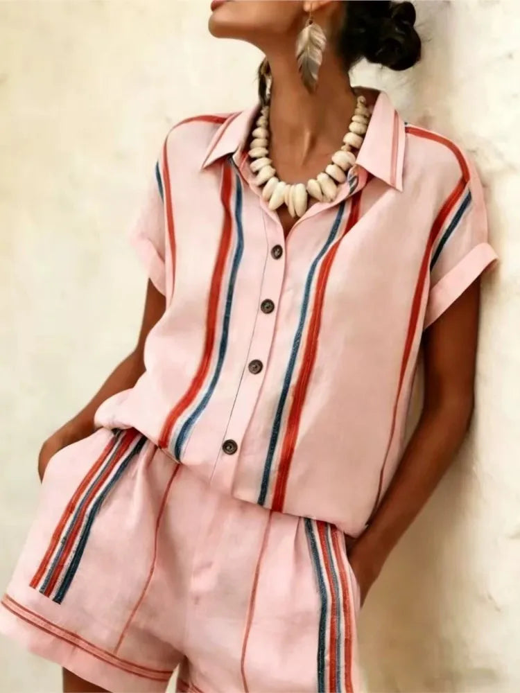 2026 Women Two-piece Set  Vertical Striped Top Women's Summer Loose Casual Versatile Lapel-neck Shorts Sleeve Shirt Shorts Suit
