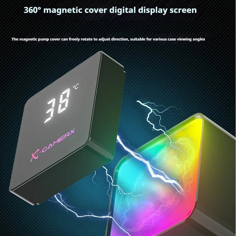 PowerTrain X-GAMERX M360 Liquid Cooler Global ARGB Light Effect 360° Magnetic Cover Digital Display Screen Water Cooler 360mm