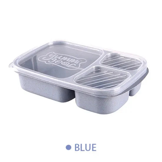 1pcs Lunch Box 3 Compartments Wheat Straw Rice Preparation Lunch Box with Transparent Plastic Cover Food Storage Container
