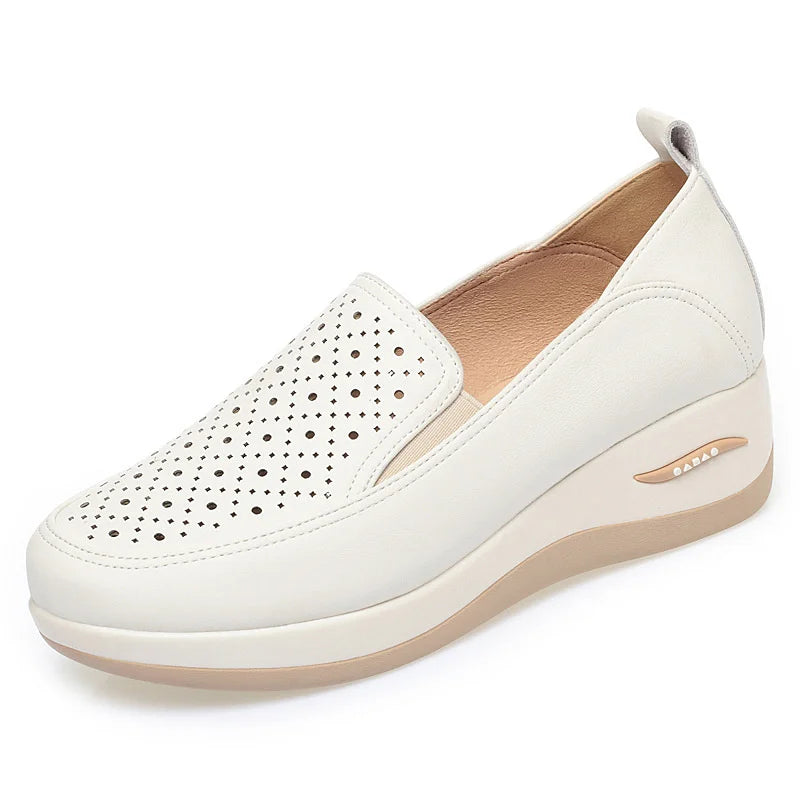 2024 Spring Soft Leather Thick Bottom Women Shoes Wedges Cutout Breathable Sneakers Platform Lightweight Mom Loafers
