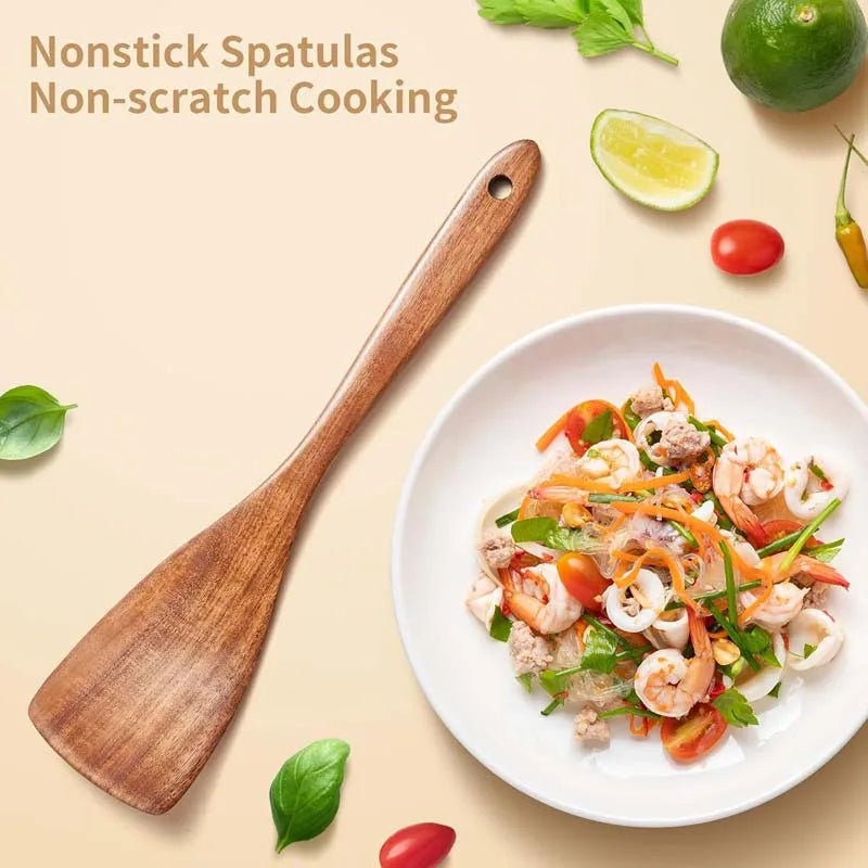 Wood Kitchenware Cooking Set Household Spatula Spoon Set Salad Spoon Fork Stirring Spoon Kitchen Baking Set With Storage Bucket