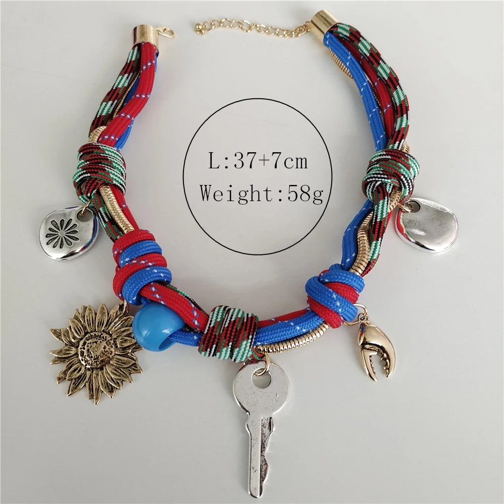 Fashion Trend Retro Sun Key Pendants Hand Woven Rope Choker Necklace Women Indian Ethnic Vintage Statement Necklace Lady Jewelry