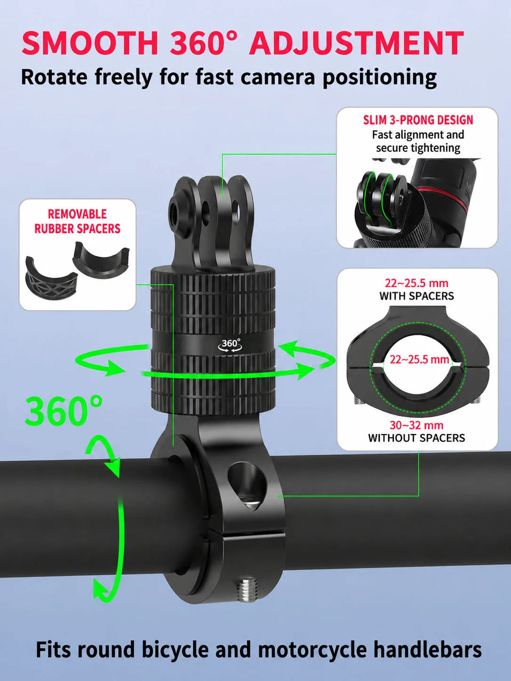 SOARSHOT Bicycle Motorcycle Handlebar Camera Mount 360° Swivel 22-32mm Clamp for DJI Osmo Insta360 Action Camera Quick Release