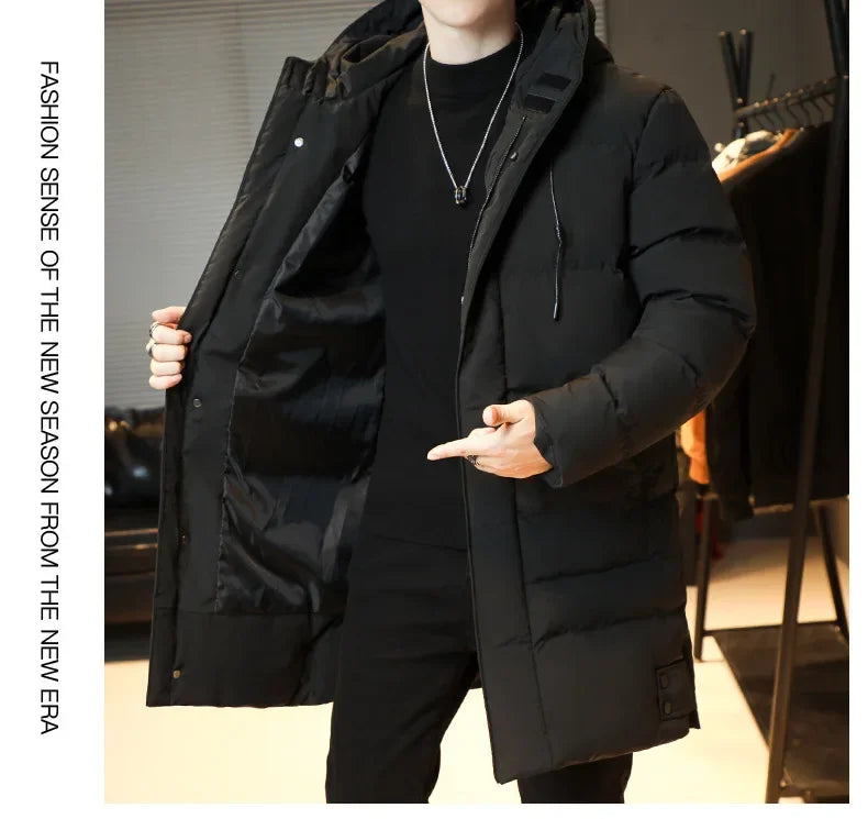 2023 Warm Hooded Mid-length Jacket Mens Casual Zip Up Cotton Padded Jacket Overcoat Autumn Winter Windbreaker Coats Men Clothing