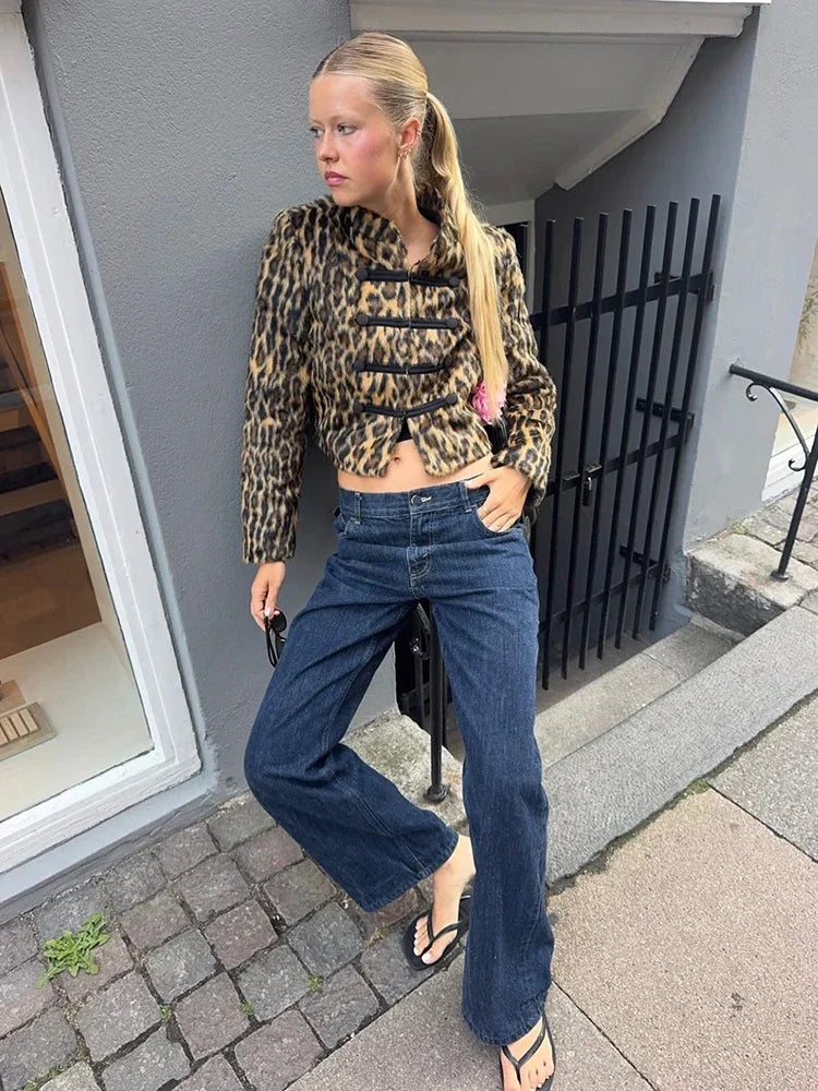 Women Leopard Print Faux Fur Jacket Mandarin Collar Chinese Frog Closure Cropped Vintage Y2K Slim Fit Coat Ladies Outerwear