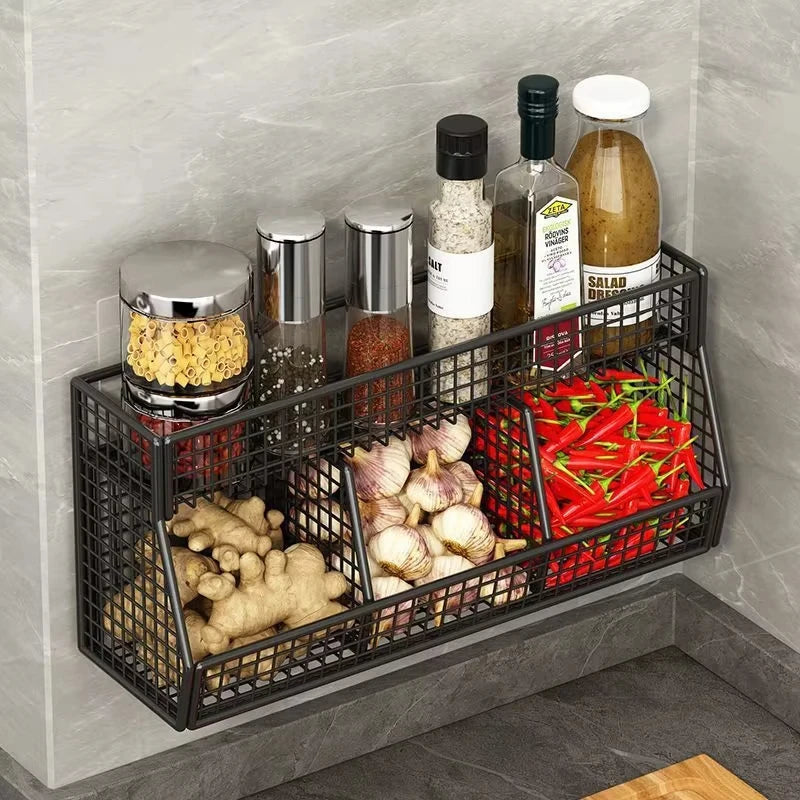 Kitchen Storage Rack with Three Compartments Screwless Wall-Mounted Multi-Functional Kitchen Storage Item for Household Use