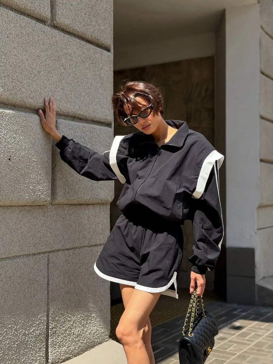 Lady'snavy Chevron Stripe Windbreaker Tracksuit Zip Cropped Jacket Contrast Trim Shorts 2026 Casual Sport Daily Jogging Street