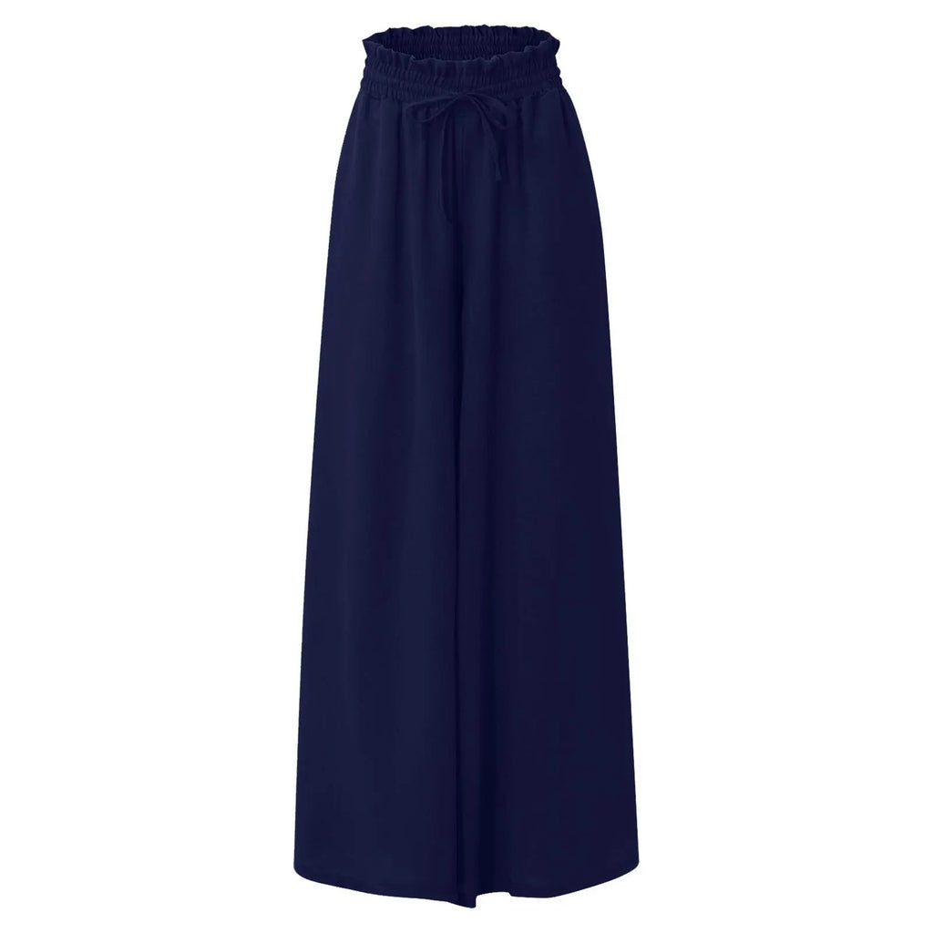 Women Casual Elastic Waist Wide Leg Pants Summer Elegant Drawstring Loose Straight Trouser Elegant Solid Pants Vacation Beach