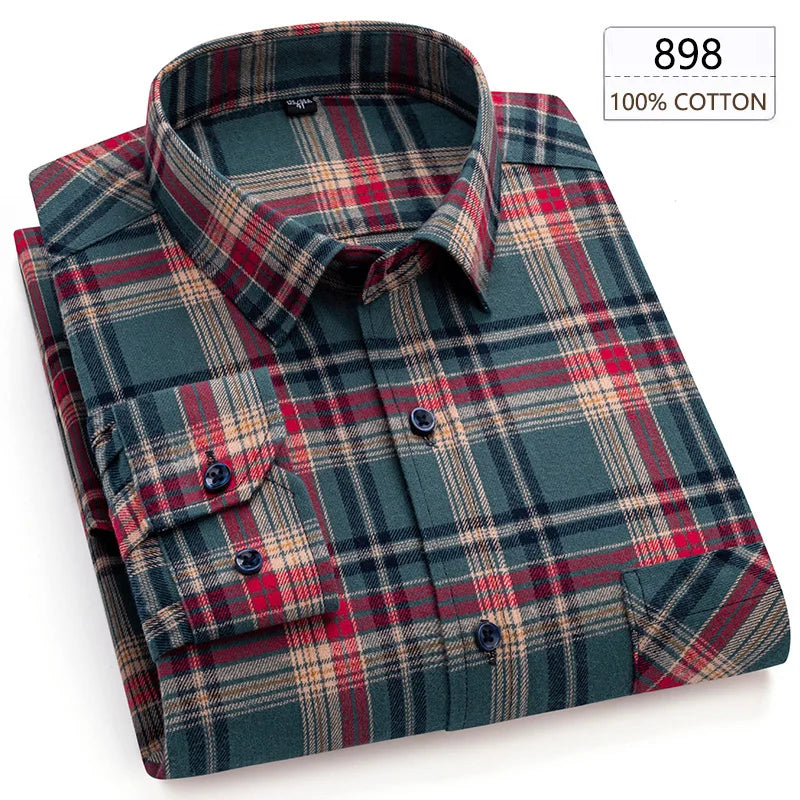 Men's Winter Chic Long Sleeve Shirt Cotton Flannel Plaid Button-Up Comfortable Warm Top for Business Casual Dress Shirts New