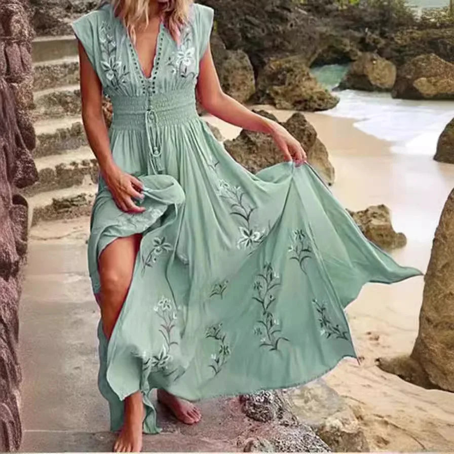2026 Women's New Summer Fashion Women's V-neck French Beach Wave Casual Printed Dress for Women