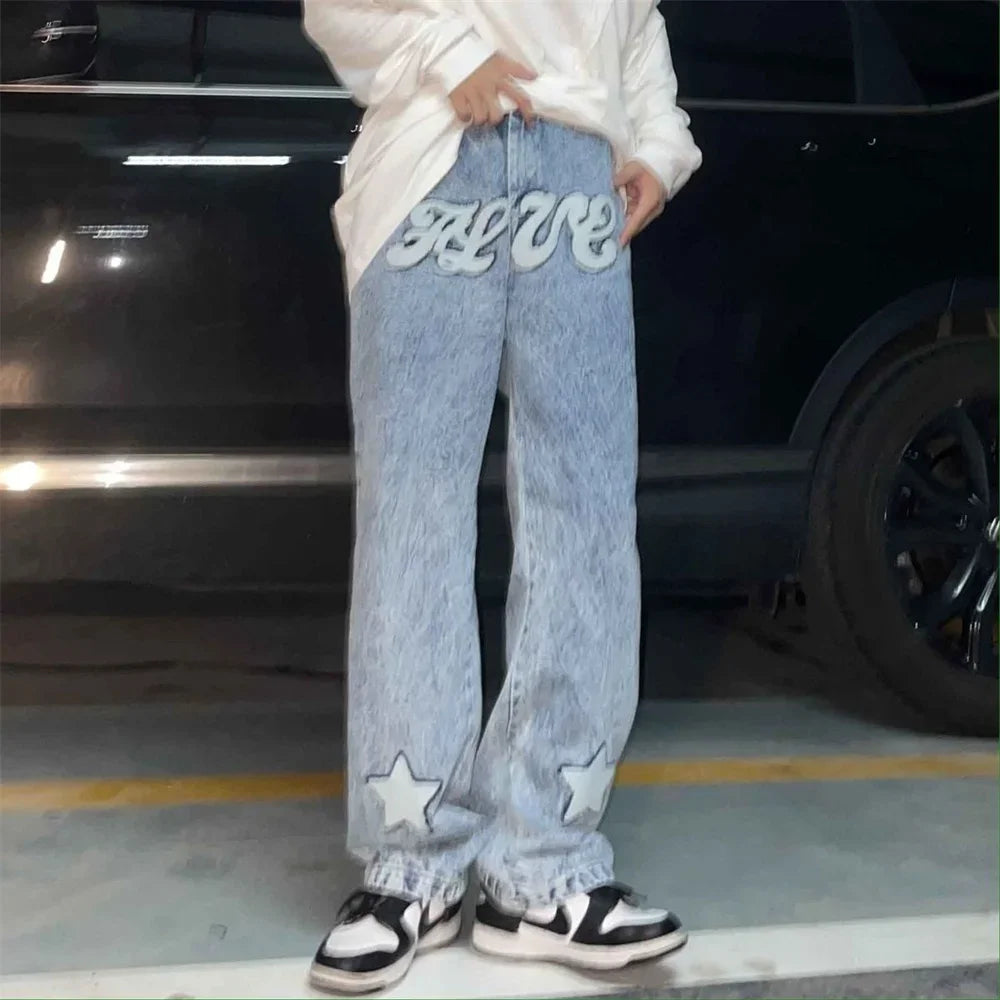 Trousers Cross Men's Straight Jeans Neutral Denim Stitch Loose Wide Leg Men Jeans Quality Casual Baggy Trousers Street Hip Hop