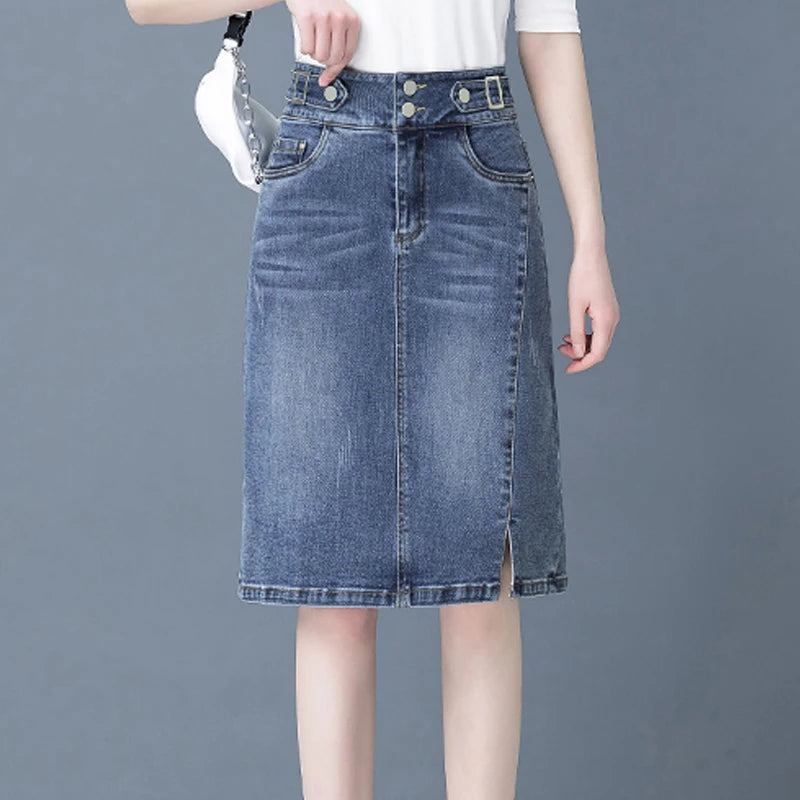 High Waist A-Line Midi Skirt for Women Spring 2023 Denim Split Long Dress Korean Style Commute Pure Color Long Skirt
