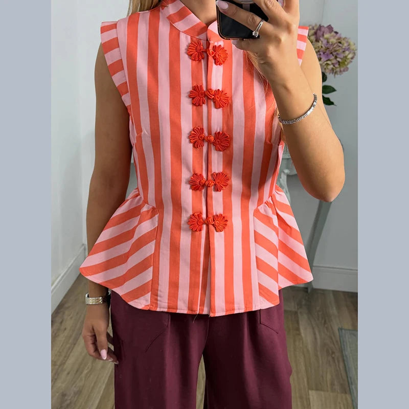 Striped Mandarin Collar Frog Button Ruffle Trim Top Striped Single‑breasted 2026 Summer Women Blouse Versatile Casual Lady Top