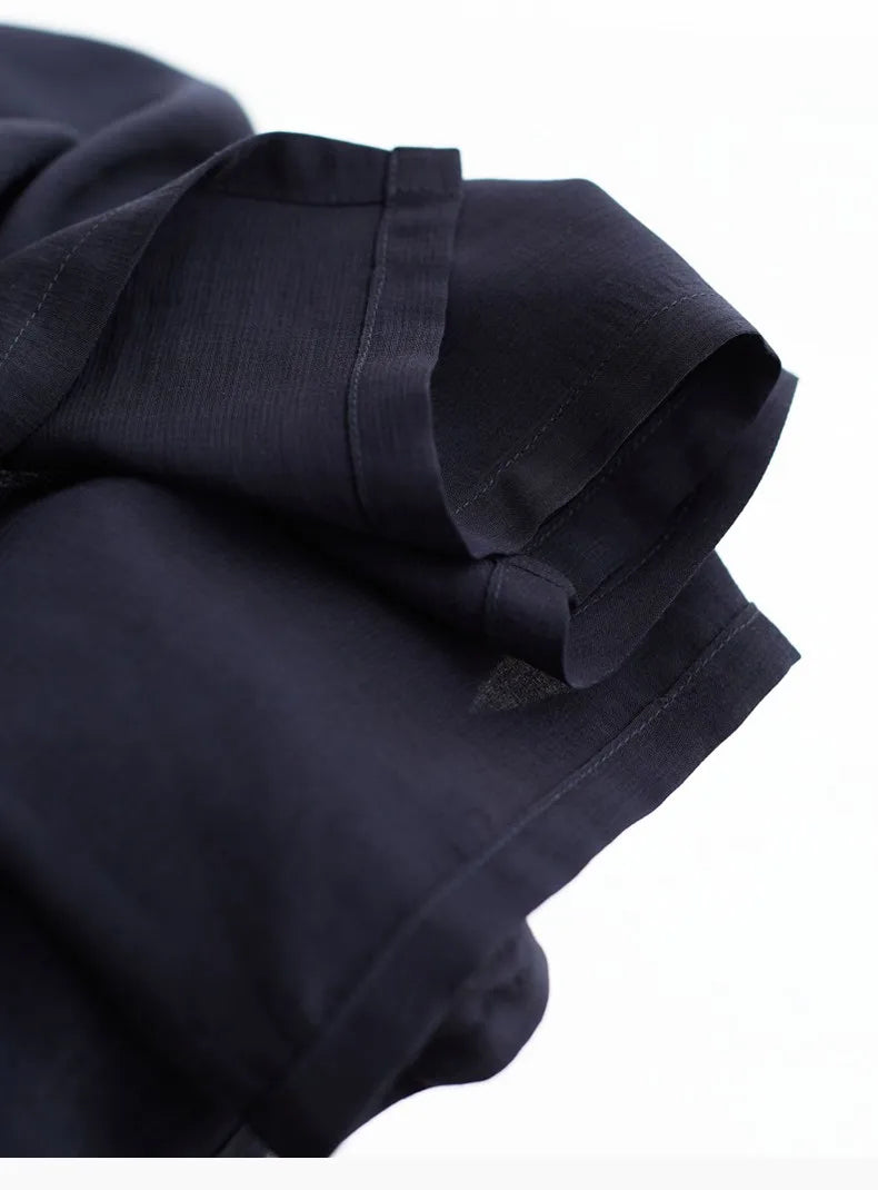 New Chinese-Style Dress~Draped Collar Navy Blue Pleated Dress, Summer Slimming and Elegant Long Dress for Women