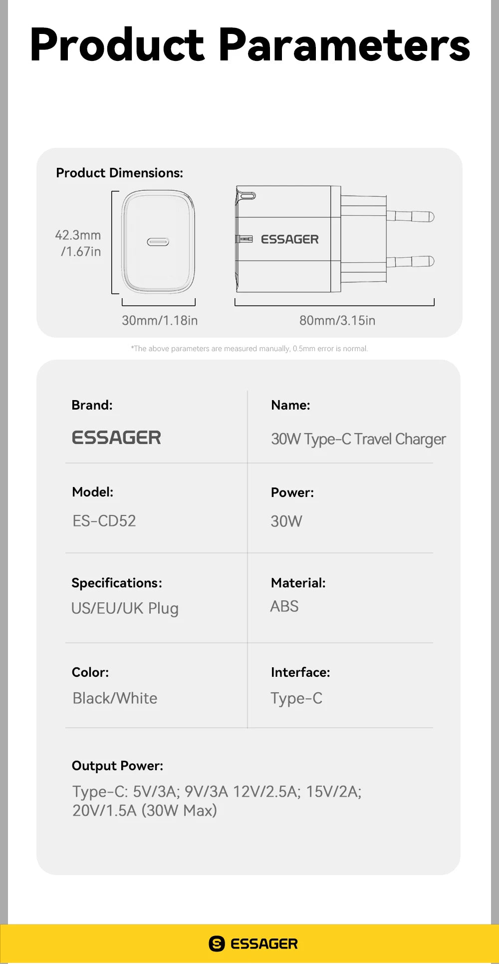 Essager 30W Fast Charger PD Charger For iPhone 16 15 14 13 Huawei Quick Charger PD3.0 QC3.0 Phone Charger Type C Tablets Charger