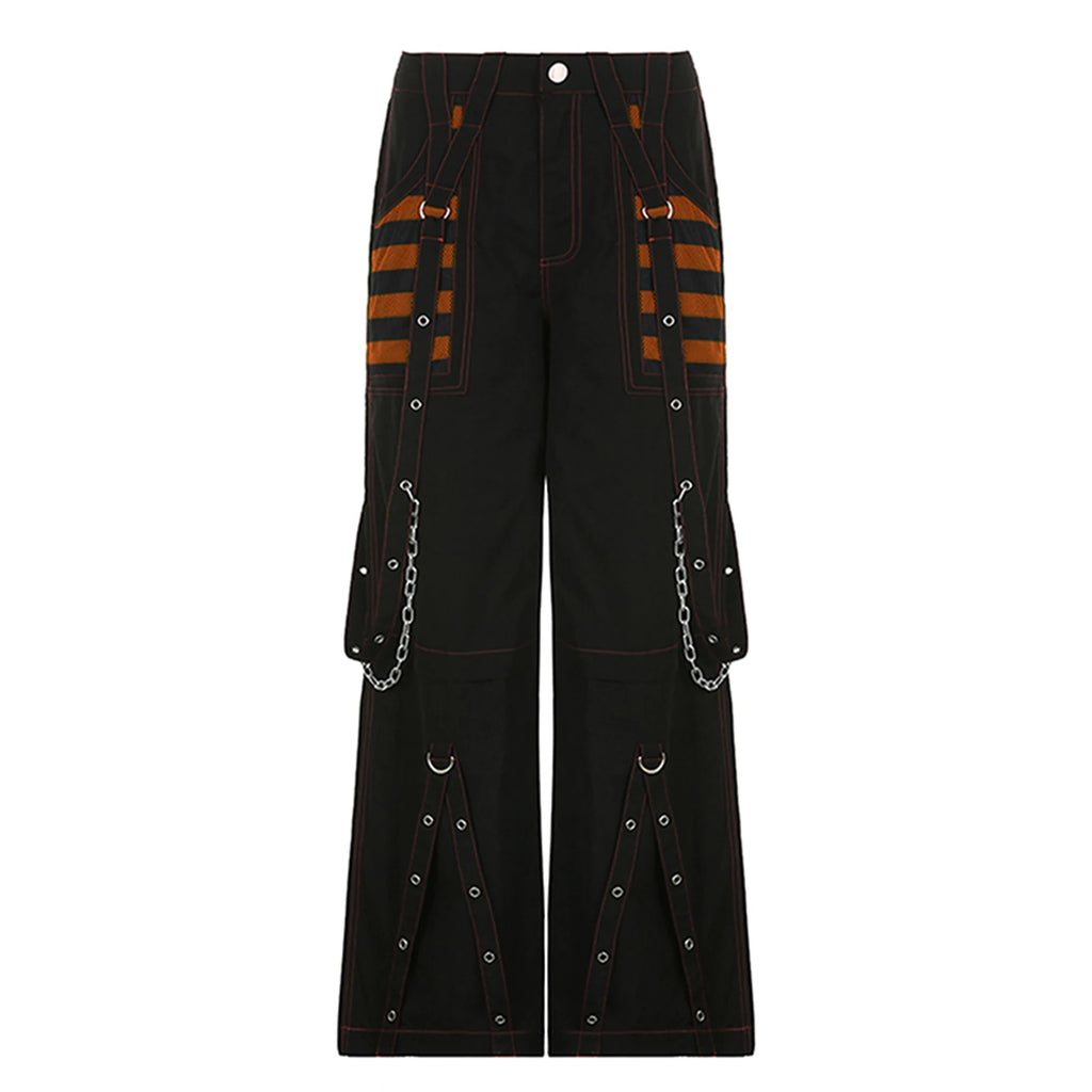 Women Fall Winter Cargo Jeans Striped Zipper Button Closure Loose Casual Trousers Streetwear with Pockets