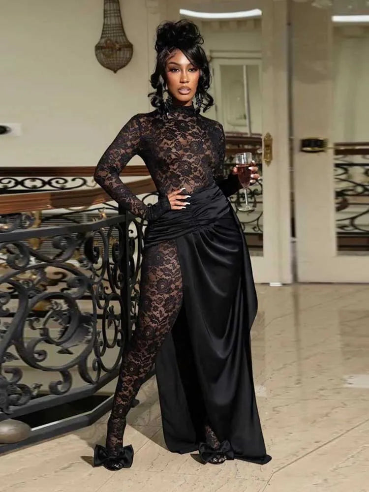 Spring Elegant Woman Jumpsuit Sexy Transparent Lace Full-length Jumpsuit Long Sleeve Jumpsuit with Dress Wholesale Dropshipping