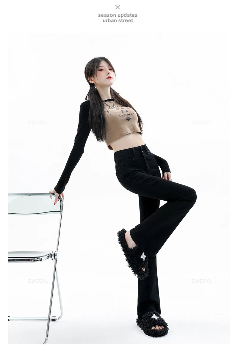 Women Jeans Cotton Denim Flared Pants Elastic Force Vintage Streetwear High Waist Slim Mom Harajuku Trousers Plus Length