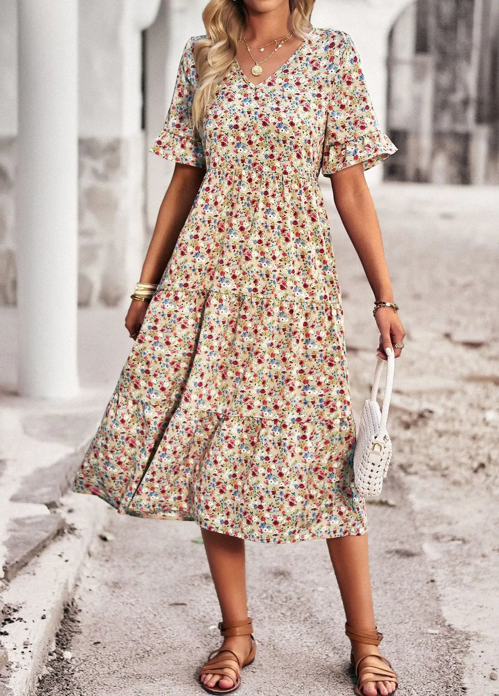 Msfilia Fashion V Neck Elegant Printed Dress Women Summer Short Sleeve High Waist A Line Floral Holiday Dresses