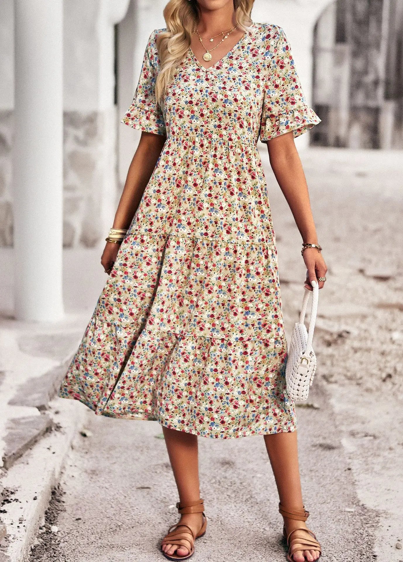 Msfilia Fashion V Neck Elegant Printed Dress Women Summer Short Sleeve High Waist A Line Floral Holiday Dresses
