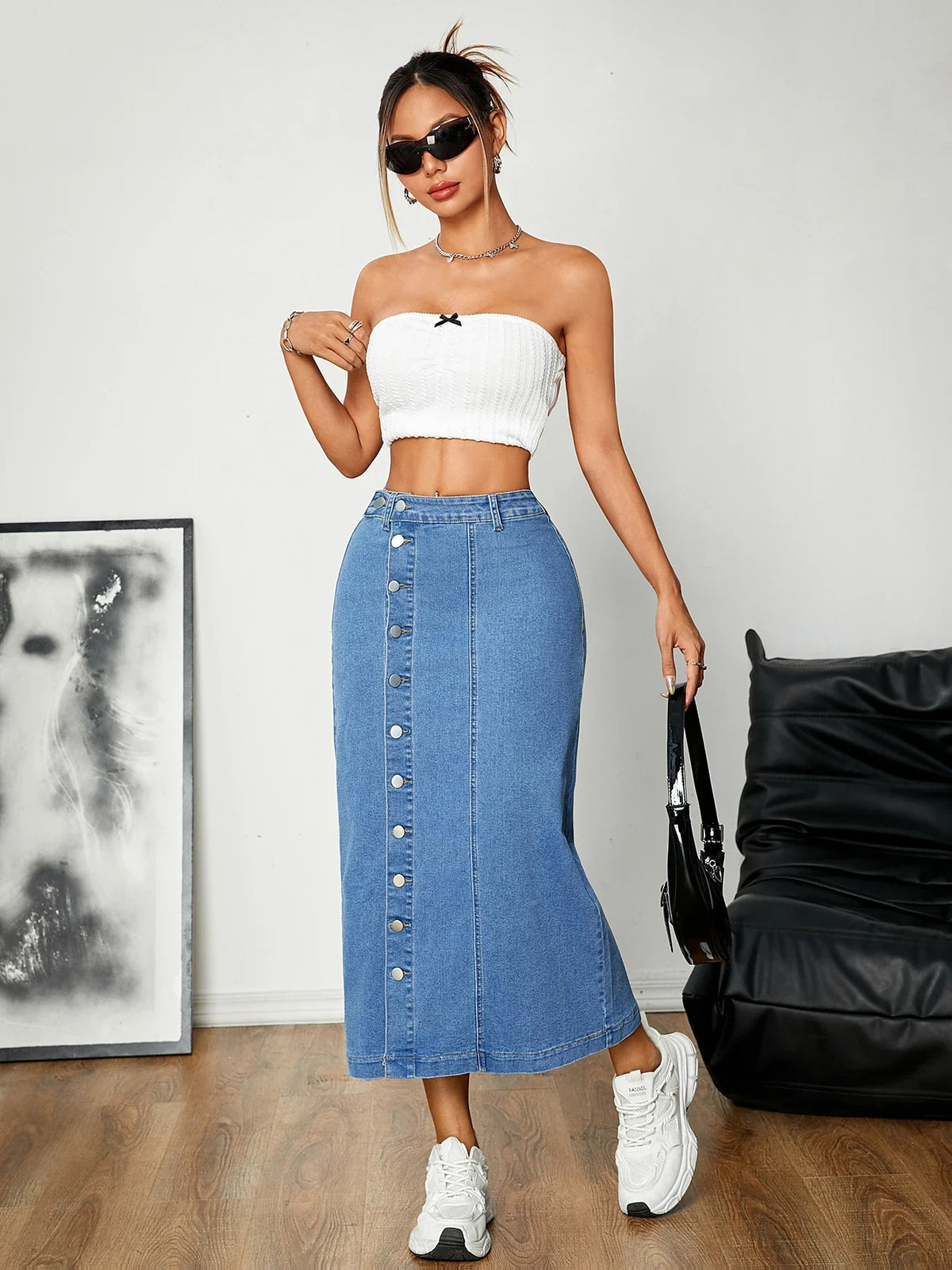 Women's Straight Cut Denim Skirt with Button Details Versatile Buckle Style Elastic Comfortable Mid-Length Casual Skirt