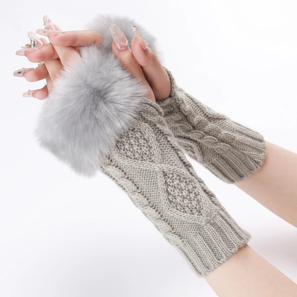 A Pair Of Women's Knitted Fingerless Gloves With Faux Fur Cuff, Warm Winter Fall For Ladies,  Cable Knit Arm Warmers For Cold