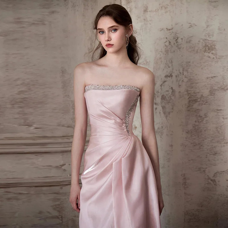 Pink Strapless French Evening Gown 2026 New High-end Annual Meeting Host Engagement Banquet Bride Toast Costume Customization