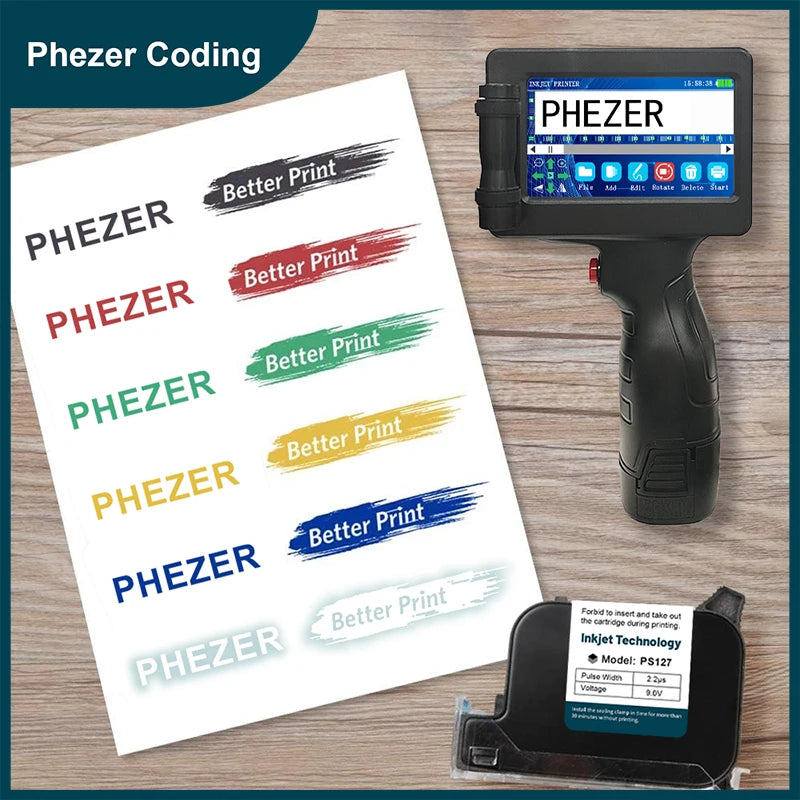 Phezer 1755 Handheld Inkjet Printer 12.7mm Portable Label Printing Machine Expiry Date Number QR Bar Code Logo Red Blue Black