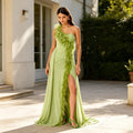 Customzied Chiffon A-line Thigh Slit Floor Length Prom Gown Women's Fashion One Shoulder Sleeveless with Feather Party Dress New