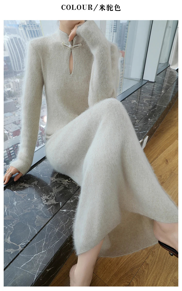 Women' 100%Pure Mink Cashmere Dress Stand-Up Collar Buckle Slim Knit Long Skirt Fashion High Waist Over The Knee Bottoming Dress