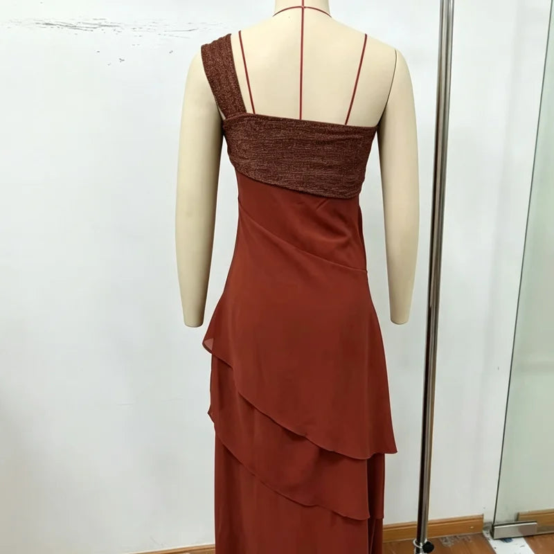 Elegant Patchwork Women's Dress Sleeveless Cascading Ruffle Skew-Collar Lady Long Dresses 2026 Summer Chic Female Vacation Robe