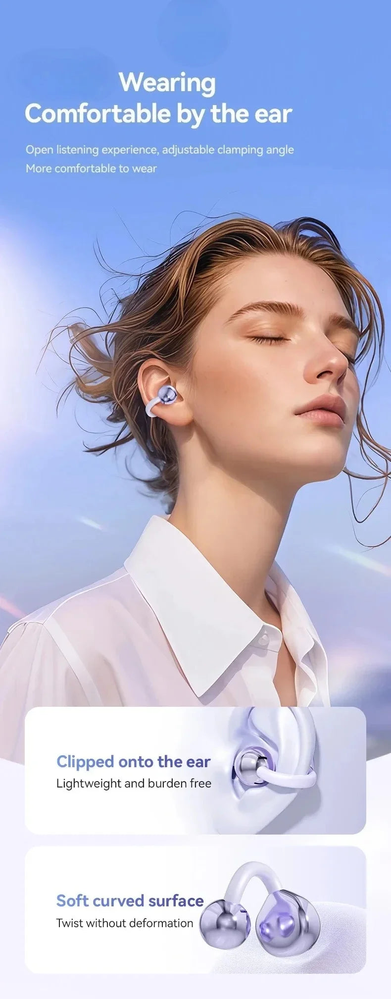 Digital Display Ear Clip Headphones Wireless Bone Conduction Bluetooth 5.4 Earbuds Comfortable Waterproof Sport Headsets