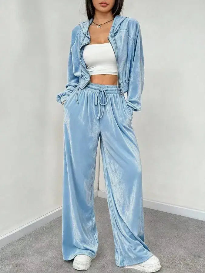 Women's Pink Velvet 2-Piece Activewear Set Zip Cropped Hoodie + Wide Leg Pants Fashionable Casual Waist Slimming Versatile Style