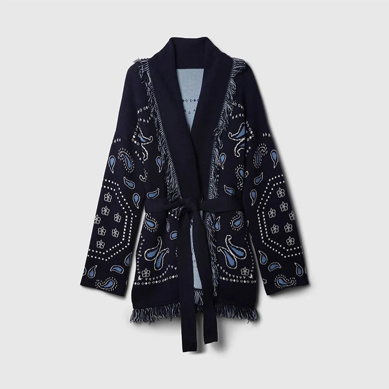 Casual Print Tassel Cardigan Women Elegant Belt V-neck Long Sleeve Knitted Sweaters Female 2026 Autumn Winter Knitwears Lady
