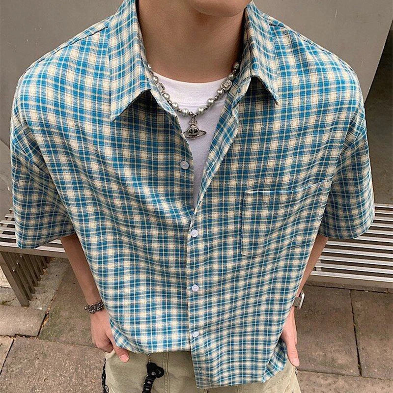 2025 Summer Stylish Short Sleeve Shirt Men's Streetwear Vintage Button-up Turn-down Collar Shirts Trendy Men Plaid Printed Shirt