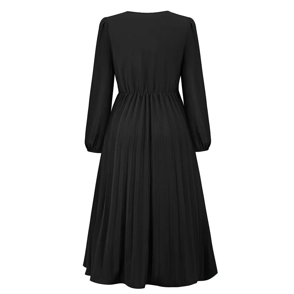 Elegant Women's Green Chiffon Autumn/Winter Long Sleeve Slim Fit Pleated Dress Fashion Women's V-neck Belt Party Dresses S-2XL