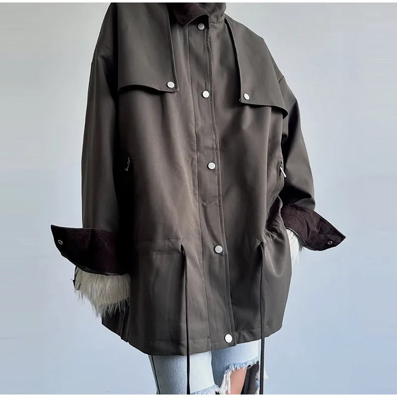 Lapel Women's Outerwear Waist Cinching Belted Jacket Drop Shoulder Cropped Cargo Trench Coat Meilaid Style Daily Fashion Wear