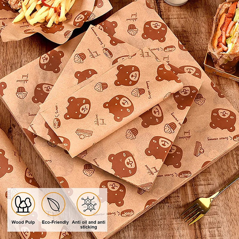 50Pcs Sandwich Packaging Paper Cartoon Coated Wrapping Disposable Household Oil-proof Chicken Roll Breakfast Baking Kitchen Tool