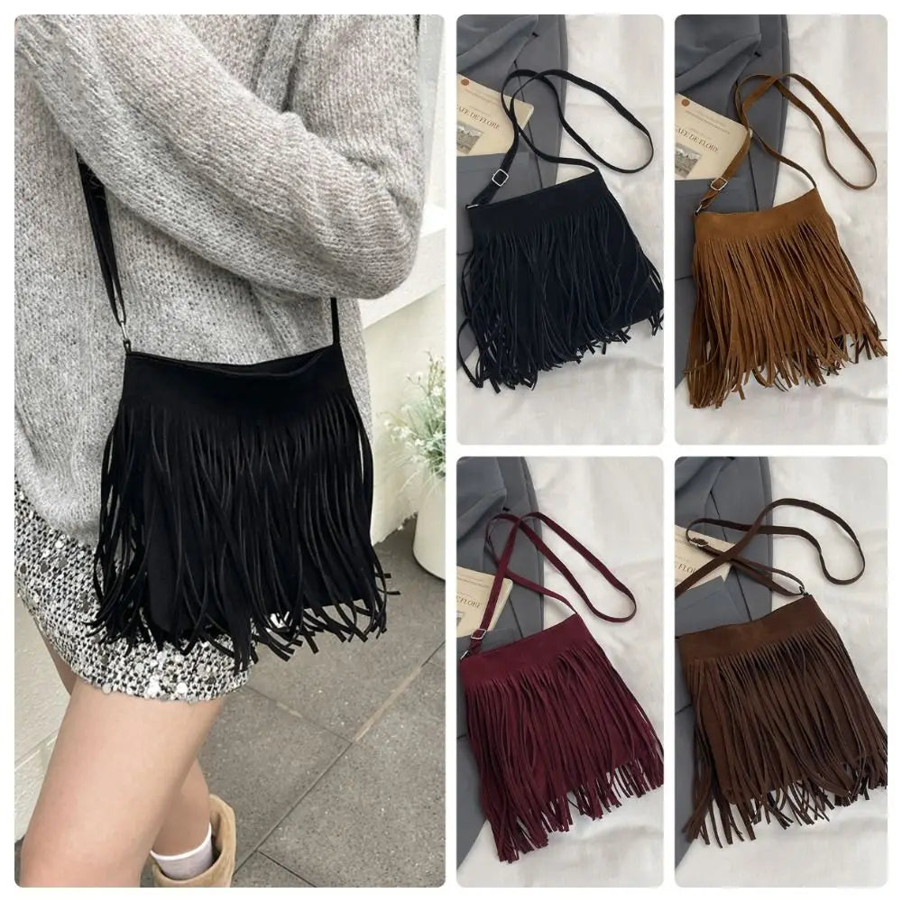 Fashion Suede Fringe Crossbody Bag Large Capacity Solid Color Shoulder Bag Boho Style Adjustable Shoulder Strap Bucket Bag Women