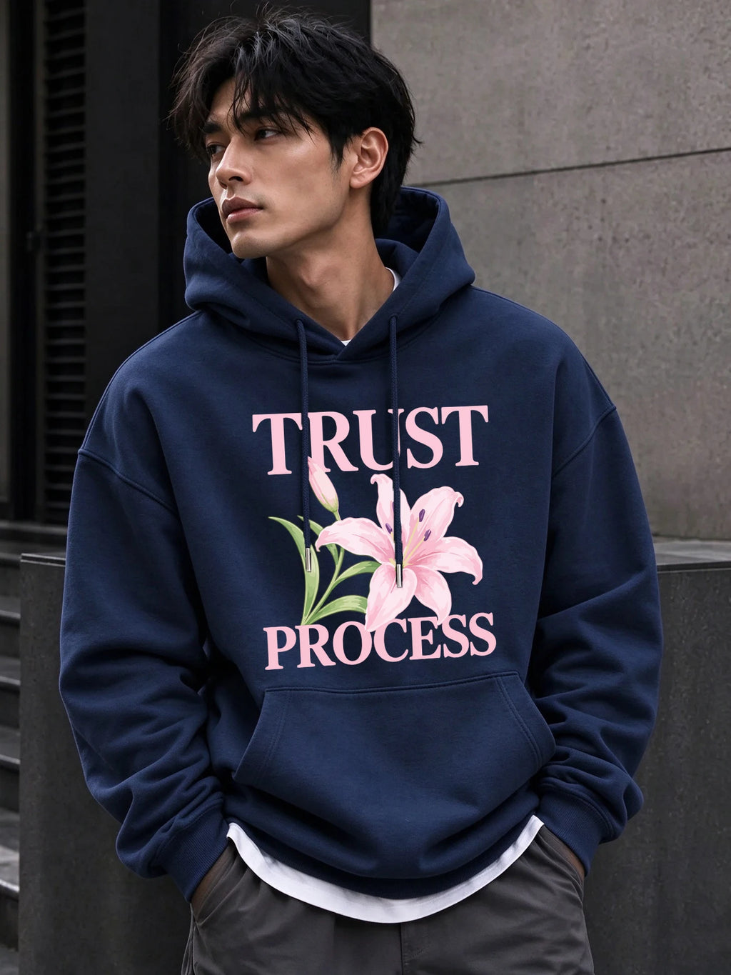 Trust Process Hibiscus Print Men Basic Hoody Casual Pocket Tops Hip Hop Loose Pullover Autumn Fleece Unisex Simple Long Sleeve