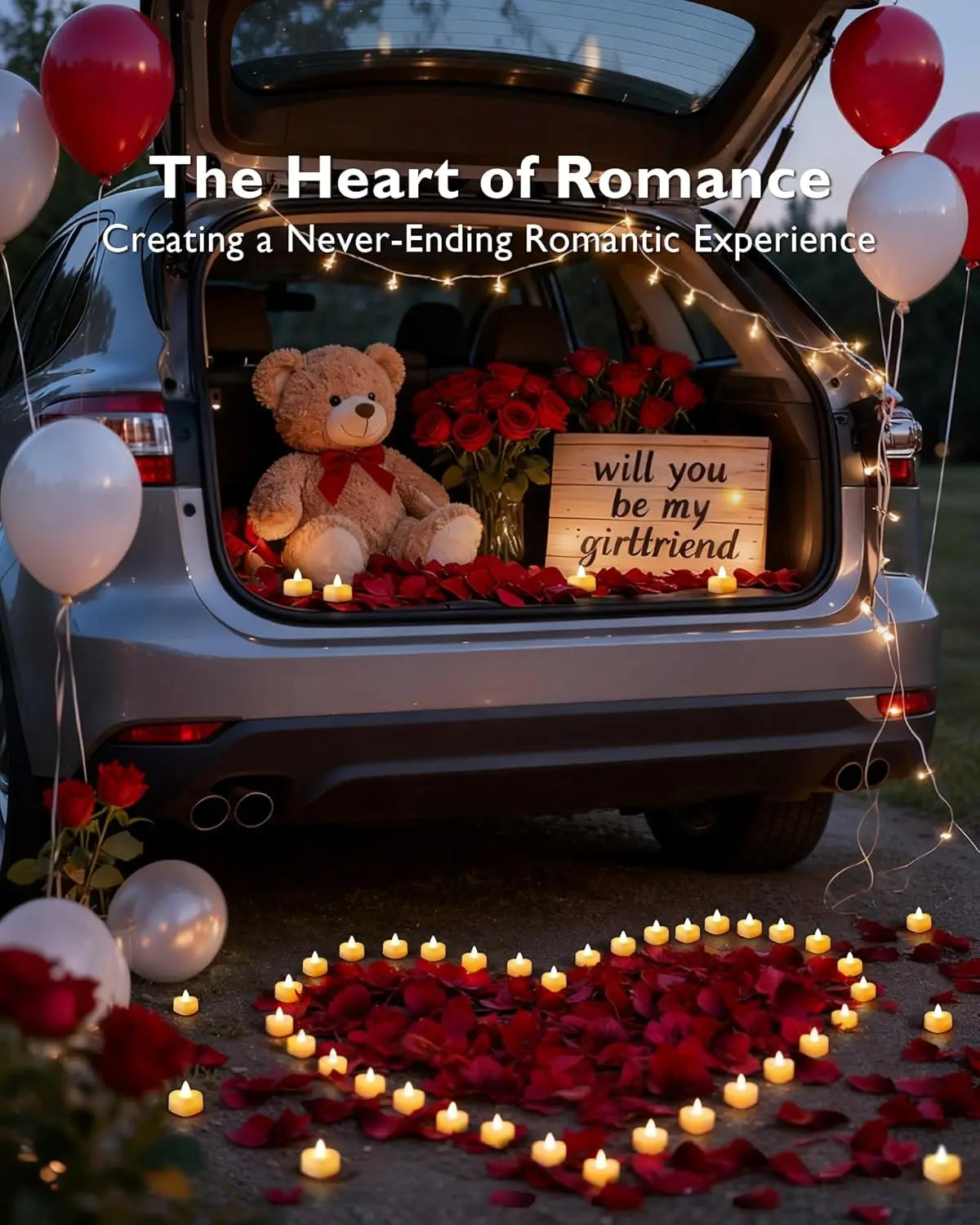 1000 Artificial Rose Petals with 12 Heart LED Tea Lights Set for Romantic Decor, Wedding, Valentine's Day
