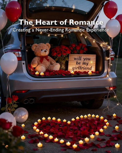 1000 Artificial Rose Petals with 12 Heart LED Tea Lights Set for Romantic Decor, Wedding, Valentine's Day