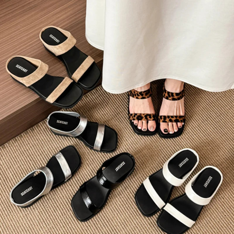 Women Flat Sandals Square Toe Double Band Slides Open Toe Slip On Casual Mules Summer Beach Outdoor Slippers