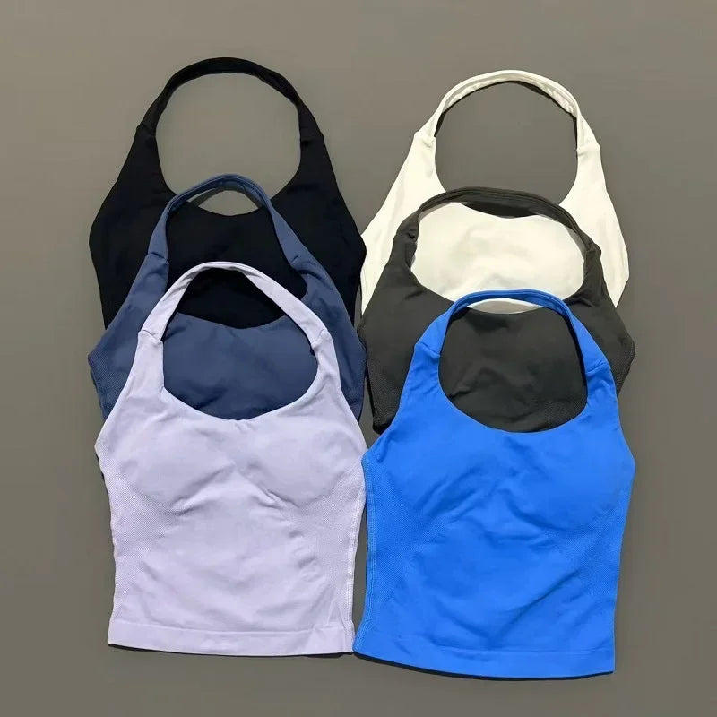 HISTELLO Sports Halter Top Seamless Women Sexy Yoga Clothing Backless Gym Tank Tops Push Up Workout Vest Running Fitness Bra Top