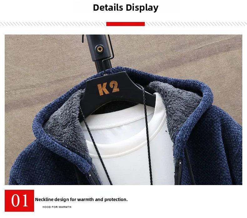 Men's Knitted Sweater Cardigan Thickened Fleece Hooded Casual Style Warm Outerwear Autumn Winter New Arrival Korean Version