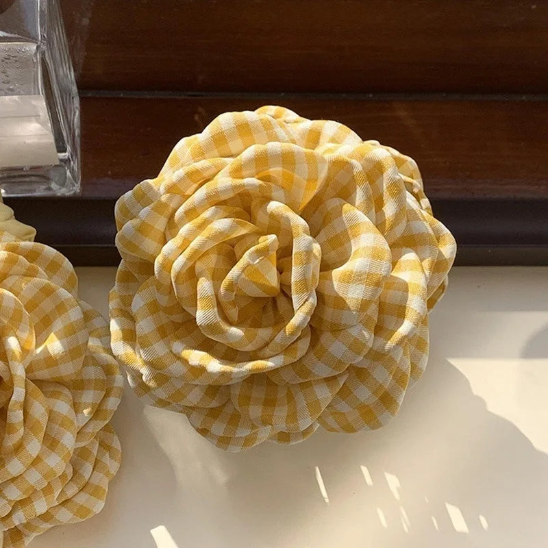 Women's Hair Claw Clip Checkered Yellow Rose Exquisite Grab Clip Hair Grab High End Korean Hair Accessory Flower Head Accessory