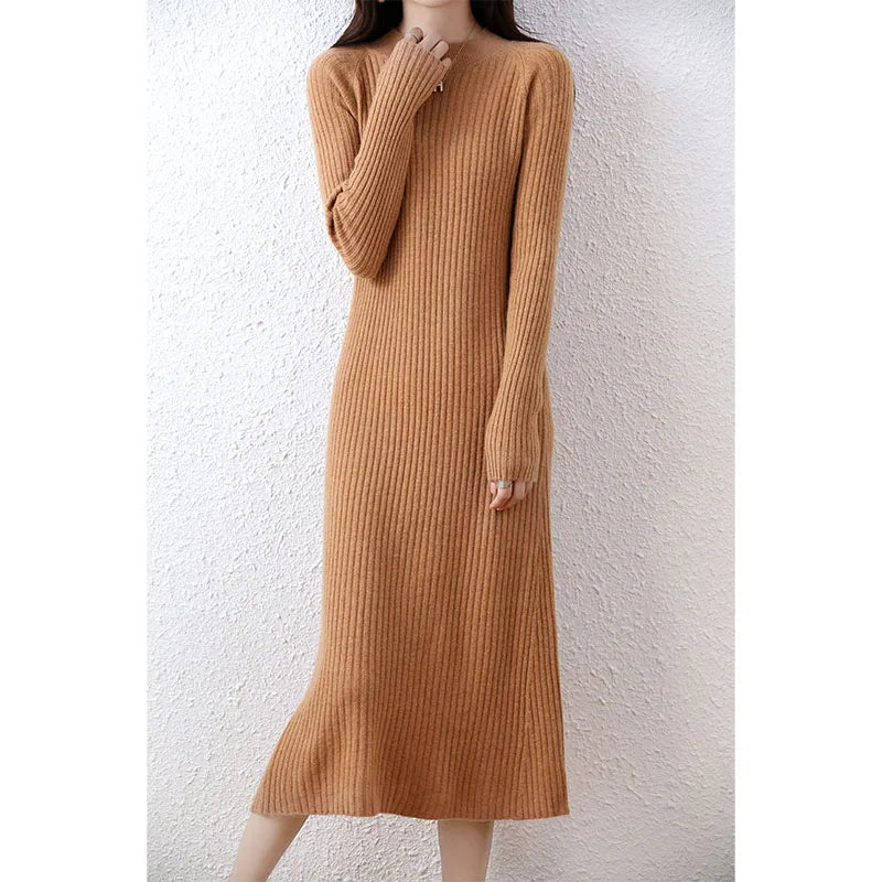 Cashmere Sweater Womens Dresses 100% Merino Wool Autumn Winter New Elegant Knitted Long Dress Female Casual Warm Skirts Vestidos